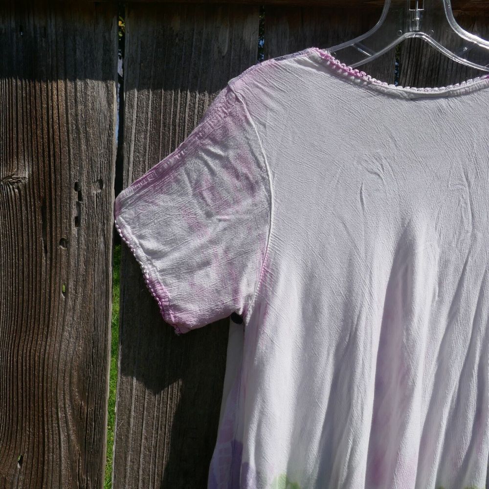 Sakkas Tunic Top One Size Boho Short Sleeve Palm Trees Crochet Trim Pink Blush - Picture 8 of 9